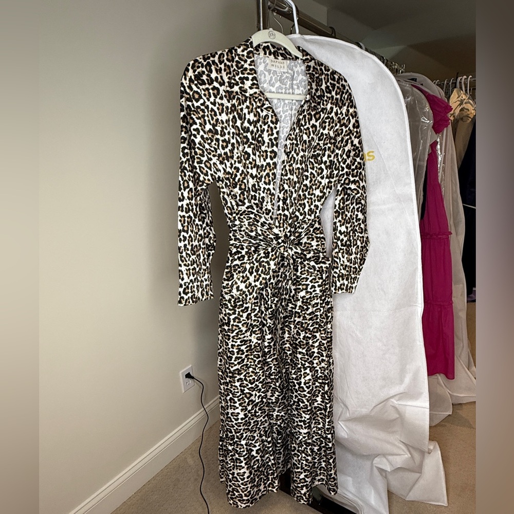 Daphne Wilde Leopard Print Long Sleeve Belted Button up Dress